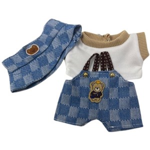 Doll Clothes Superstore Blue Square Print Overalls with Bear Appliqué and Hat for 17.5 cm Labubu Dolls - 1 of 4