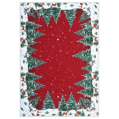 Coolmee  Snowman House Pine Tree Christmas Washable Area Rugs Winter Home Decor Low-Profile Rugs for Entryway Bedroom Living RoomRed