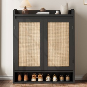 Black Shoe Cabinet with 2 Rattan Doors, 5-Tier Shoe Storage Cabinet with Adjustable Shelves, Wooden Shoe Organizer for Entryway, Hallway, Living Room - 1 of 4