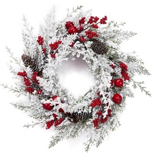 18" Battery Operated Pre-Lit Christmas Wreath, LED Artificial Pine with Berries & Gold Leaves for Front Door, Indoor & Outdoor Decor - 1 of 4