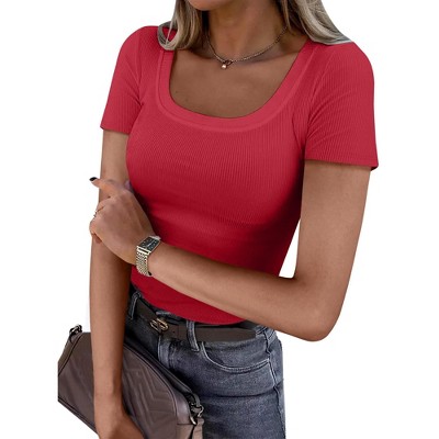 Women's Short Sleeve Scoop Neck Ribbed Knit Slim Fit Tee Shirts 2025 Summer Casual Basic Top