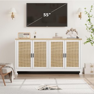 Buffet Cabinet, 60" Rattan Farmhouse Storage Sideboard with 4 Doors - Adjustable Shelves for Dining Room Living Room Entryway - 1 of 4