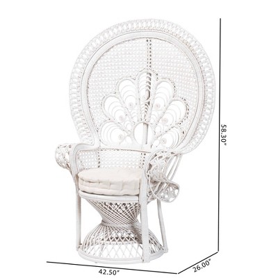 White Handcrafted Rattan Peacock Accent Chair with Upholstered Cushion