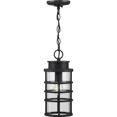 Black Ribbed Frame Outdoor Hanging Lantern with Clear Glass Shade