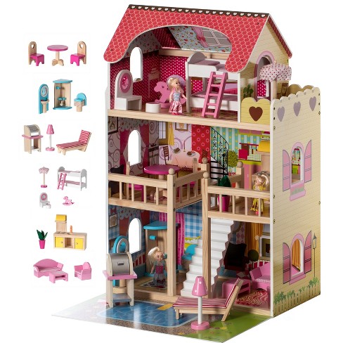 Wooden Doll House Toy with 16 Piece Doll-House Furniture Set –