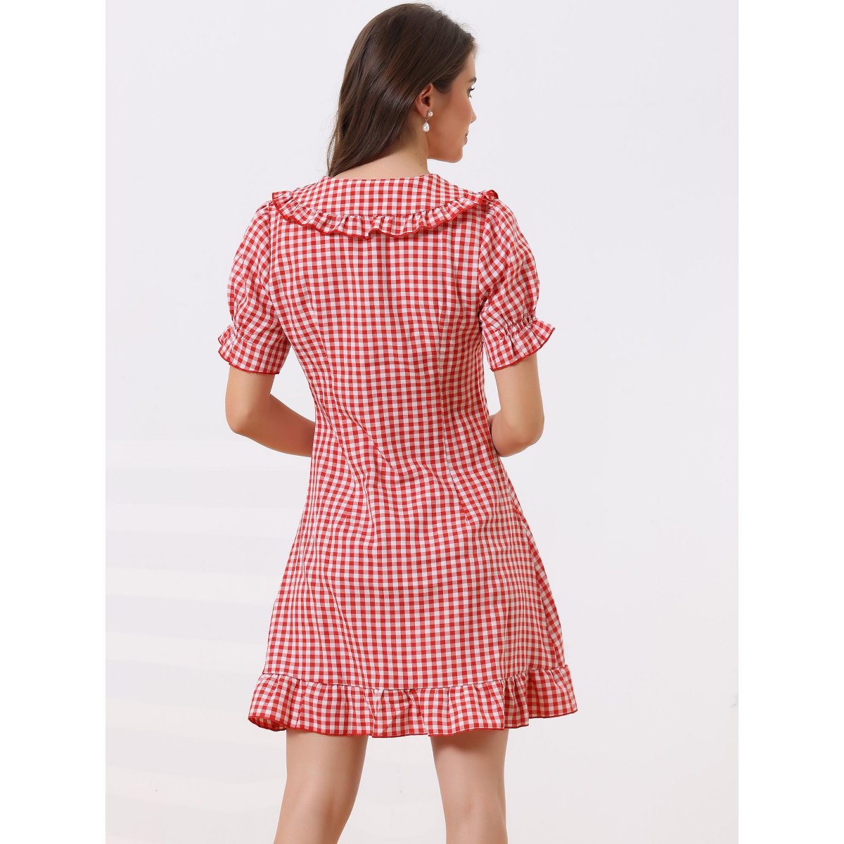 Женские платья INSPIRE CHIC Women's Plaid Gingham Puff Sleeve Ruffle Peter Pan Collar Vintage Dress Red Medium — фото 4