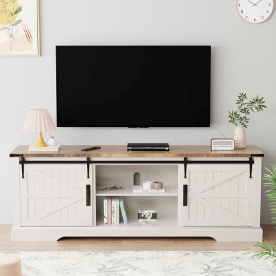 SinCiDo TV Stand for 75 Inch TV with Sliding Barn Door, Farmhouse Entertainment Center Rustic Wood Media Console Cabinet