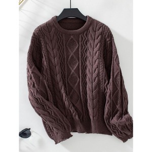Coolmee Women's Casual Women Long Sleeve Sweater Fall Ribbed Knit Pullover Loose Crewneck Cable Sweater Jumper Tops - 1 of 4