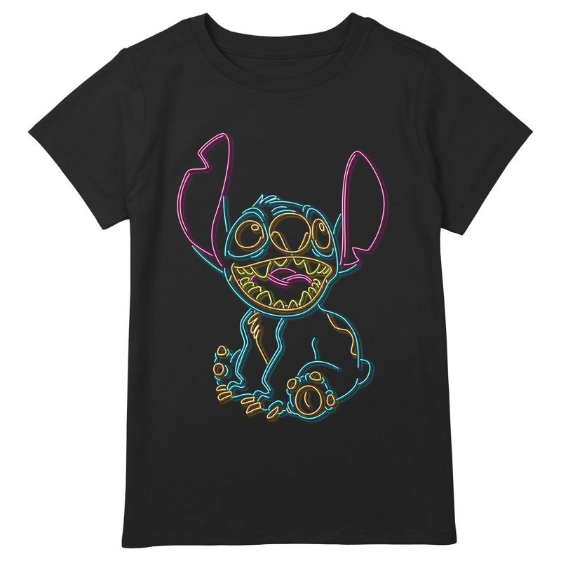 Girl's Lilo & Stitch Bright Neon Outline T-Shirt, 1 of 4