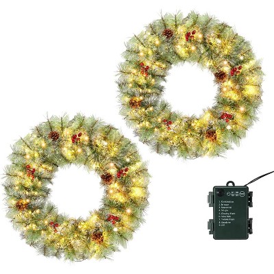 VINGLI 24 Inch Pre-Lit Battery Christmas Wreaths 2 Pack with 100 LED Lights, 180 PVC Tips, Pinecones & Berries Indoor/Outdoor