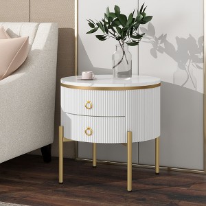 NicBex Coffee Tables for Living Room �19.6" Round Coffee Table Set of 2 Modern Fluted 2 Side Table Set with Drawers and Golden Legs, White+Gold - 1 of 4