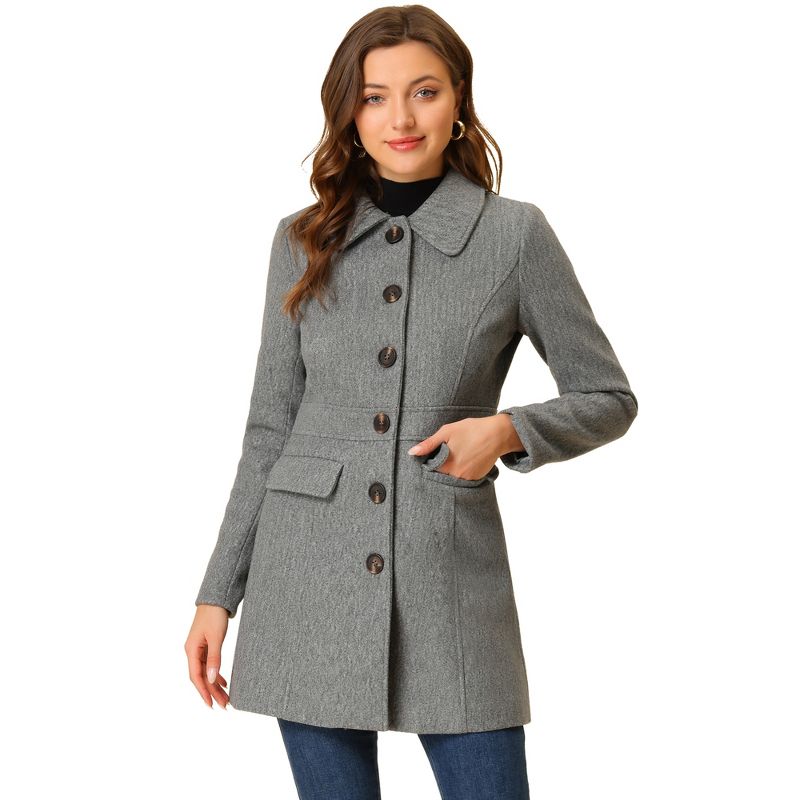Allegra K Women's Peter Pan Collar Flap Pocket Single Breasted Buttoned Long Coat, 1 of 7