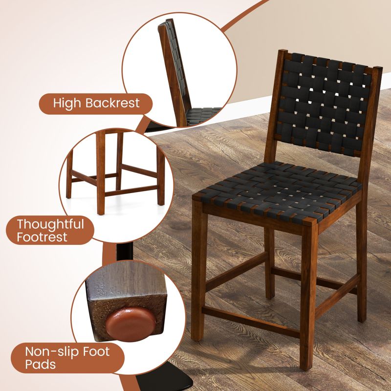 Tangkula Faux Leather Woven Bar Stools Set of 2/4 24 Inch Counter Height Bar Chairs with High Backrest Footrest, 4 of 9