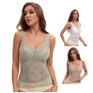 INSPIRE CHIC Women's 3 Packs Lace Mesh V-Back Wide Strap Fixed Cup Tank Top Longline Light and Breathable Camisoles - 1 of 4