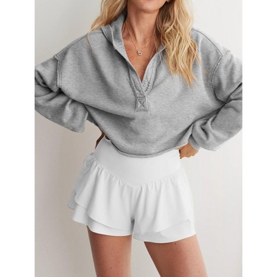 Women Hooded Long Sleeve Relaxed Fit Casual Cropped Drop Shoulder Sweatshirt