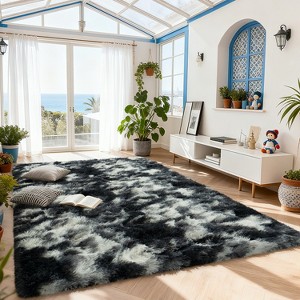 Extra Large Plush Shag Area Rug, 1.7" Thick Ultra Soft Non-Slip Tie-Dye Peacock Blue Mat - 1 of 4