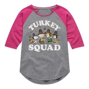 Girls' - Peanuts - Turkey Squad Shirt Tail Raglan Graphic T-shirt - 1 of 4