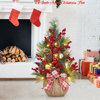Home 24 Inch Mini Christmas Tree - Christmas Decorations 20 Lights, 8 Modes Small Artificial Tabletop Xmas Tree with Red Berries Ornaments