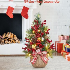 Home 24 Inch Mini Christmas Tree - Christmas Decorations 20 Lights, 8 Modes Small Artificial Tabletop Xmas Tree with Red Berries Ornaments - 1 of 4