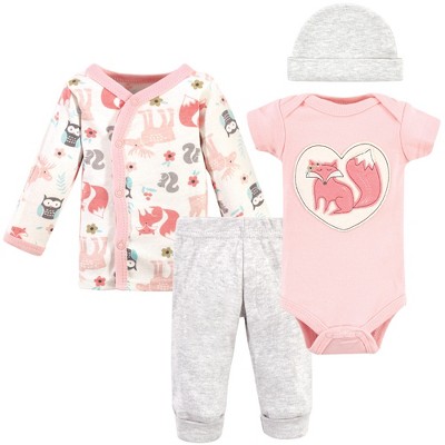 Hudson Baby Infant Girl Preemie Layette Set 4-Piece, Pink Fox, Preemie