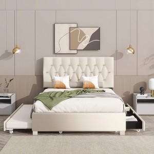 ORRD Queen Upholstered Storage Bed with Trundle - No Box Spring Needed, Modern Platform Bed with Pull-Out Drawers for Extra Space（Beige） - 1 of 4