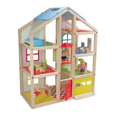 wooden dollhouse with elevator