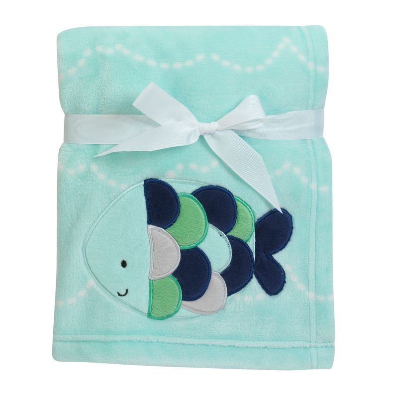 Lambs & Ivy Oceania Blue Turquoise Coral Fleece Baby Blanket with Fish, 3 of 4