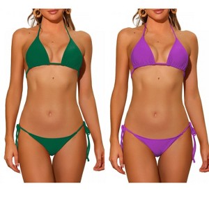 INSPIRE CHIC Women's Halter Tie Side Low Waist Triangle Bottom Basic Bikini Sets 2 Sets - 1 of 4