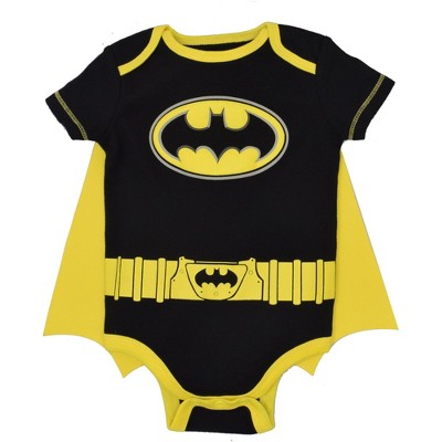 Image of DC Comics Justice League Batman Infant Baby Boys Short Sleeve Bodysuit & Cape Batman Yellow 24 Months