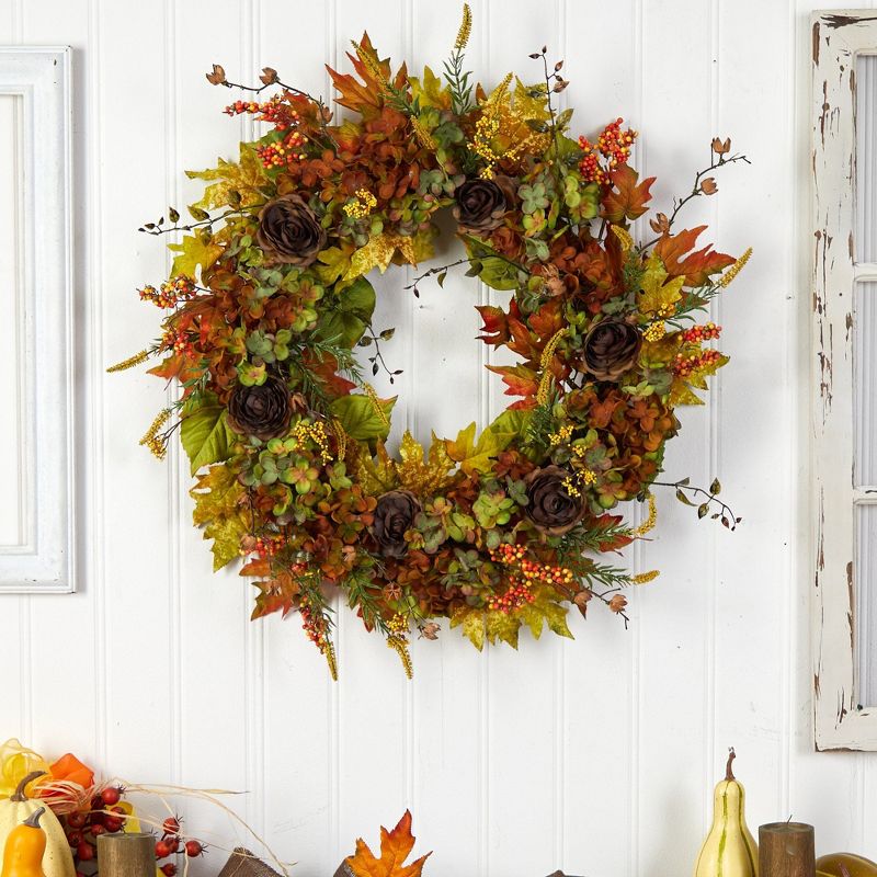 Nearly Natural 32” Fall Hydrangea, Ranunculus and Maple Leaf Autumn Artificial Wreath, 4 of 6