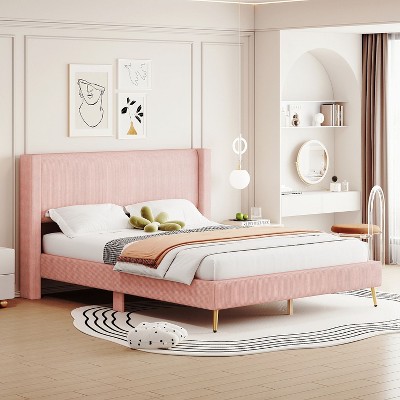 NicBex Queen Size Upholstered Bed Frame with Corduroy Wingback Headboard,Platform Bed Frame with Metal Legs,No Box Spring Needed,Easy Assembly,Pink