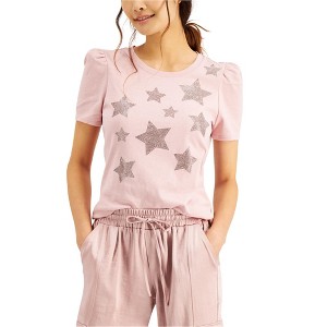 I.N.C International Concepts Womens Star-Print Puff-Sleeve Embellished T-Shirt, Pink, Medium - 1 of 1