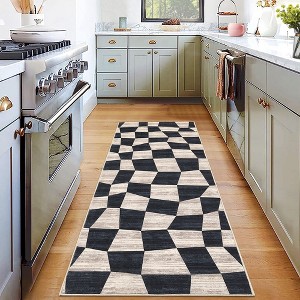 Modern Checkered Rug Washable Area Rug Low Pile Stain Resistant Throw Rug, 2'x6' Brown - 1 of 4