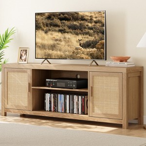 Whizmax Rattan TV Stand for 75 Inch, Boho Entertainment Center with 2-Tier Storage, Wooden Media Console Cabinet for Living Room Bedroom Natural Oak - 1 of 4