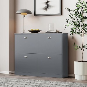 QingMoon Hidden Shoe Cabinet, Wood Slim Narrow Shoe Rack with 4 Flip Drawers and Adjustable Shelves for Entryway, Foyer and Hallway - 1 of 4
