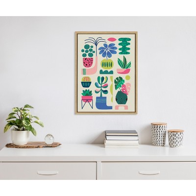 Colorful Mid-Century Modern Botanical Canvas Print with Natural Frame
