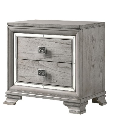 Vynxaria 1pc Contemporary 2-Drawer Nightstand, Light Grey Finish, Bevel Mirror Accents, Solid Wood Bedroom Furniture