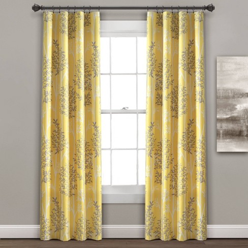 Set Of 2 38 X95 Linear Tree Insulated, Yellow And Grey Window Curtains