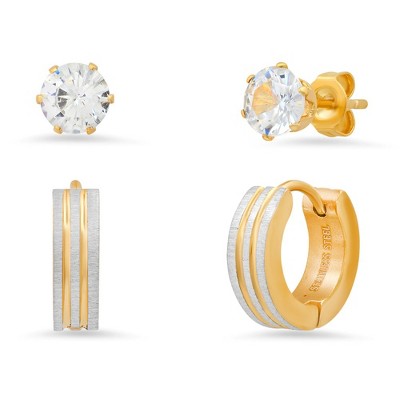 Steeltime Ladies 2pc set 18k gold plated stainless steel simulated diamonds studs and diamond cut huggie earrings