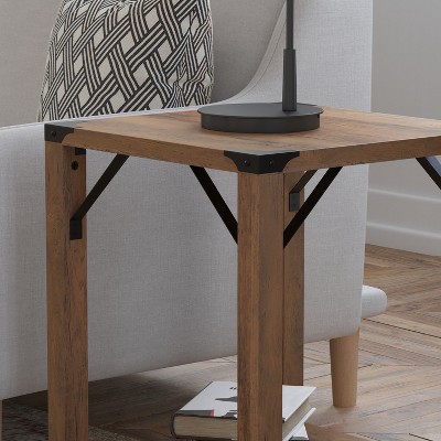 Rustic Oak Square End Table with Metal Accents