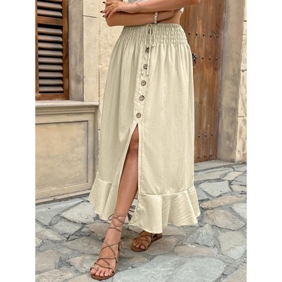Womens Skirts Elastic Waist Button Detail Slit Maxi Skirt