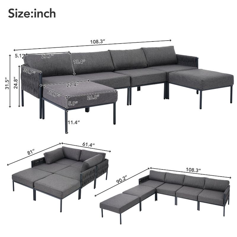 New Arrival 6-Pieces Aluminum Frame Patio Conversation Sets With Removable Olefin Extra Thick Cushions 5.9" Cushion - Maison Boucle, 4 of 9
