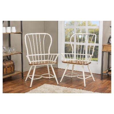 Windsor High Slat Metal Arm Chair in White with Dark Walnut Seat