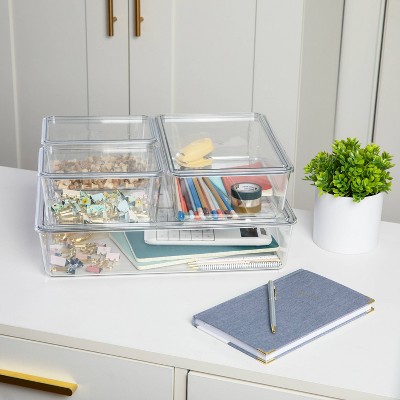 Martha Stewart 4pc 2 Small, Medium & Large Plastic Stackable Storage Box with Lids Clear: Desk Organizer, Office Storage