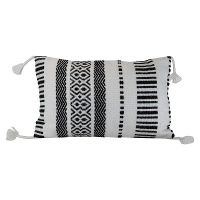 Black Striped Hand Woven 14x22" Outdoor Decorative Throw Pillow with Hand Tied Tassels - Foreside Home & Garden