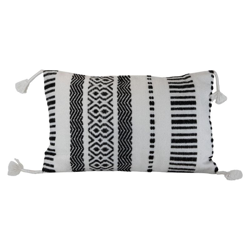 Black Striped Hand Woven 14x22" Outdoor Decorative Throw Pillow with Hand Tied Tassels - Foreside Home & Garden, 1 of 7