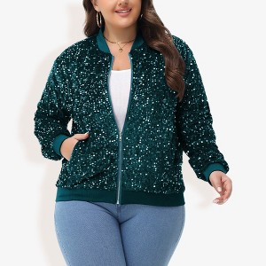 Anna-Kaci Women's Plus Size Sequin Zip-Up Bomber Jacket with Pockets - 1 of 4