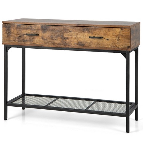 Costway Entryway Table with Charging Station Narrow Console Table with 2  Drawers Brown