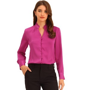INSPIRE CHIC Women's Ruffled Stand Collar Long Sleeve Button Elegant Satin Shirt - 1 of 4
