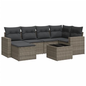 vidaXL 7 Piece Patio Sofa Set with Cushions Gray Poly Rattan - With Table - 1 of 4